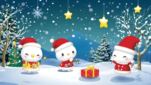 Cartoon snow figures in winter landscape around gift box