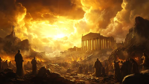 Sun-drowned temple standoff over a burning ancient world.