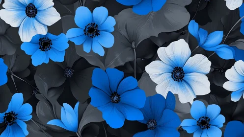 Chromatic floral composition with geometric petal stratification and achromatic foliage layers.