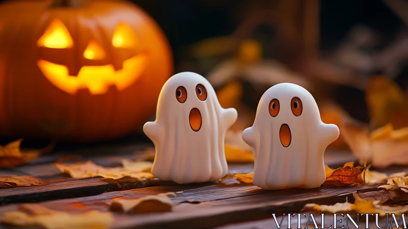 Ceramic ghost figurines before glowing jack-o&rsquo;-lantern backdrop.
