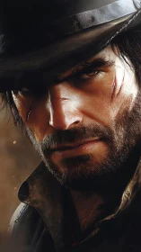 Weathered gunslinger meets the viewer with intense resolve