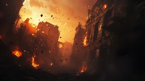 Urban warzone street corridor engulfed in structural fires