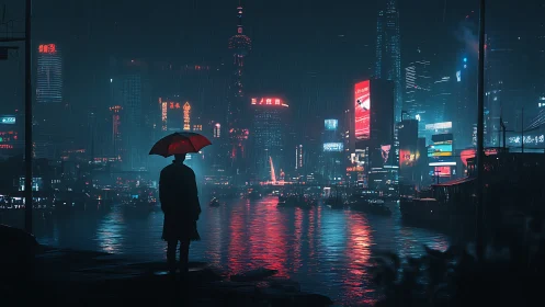Nocturnal neon waterfront with silhouetted observer in rain.