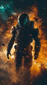 Fearless space explorer walking through cosmic firestorm.