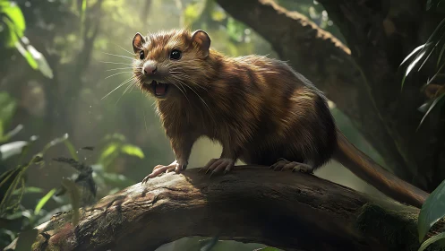 Rodent on mossy jungle branch under filtered forest light.