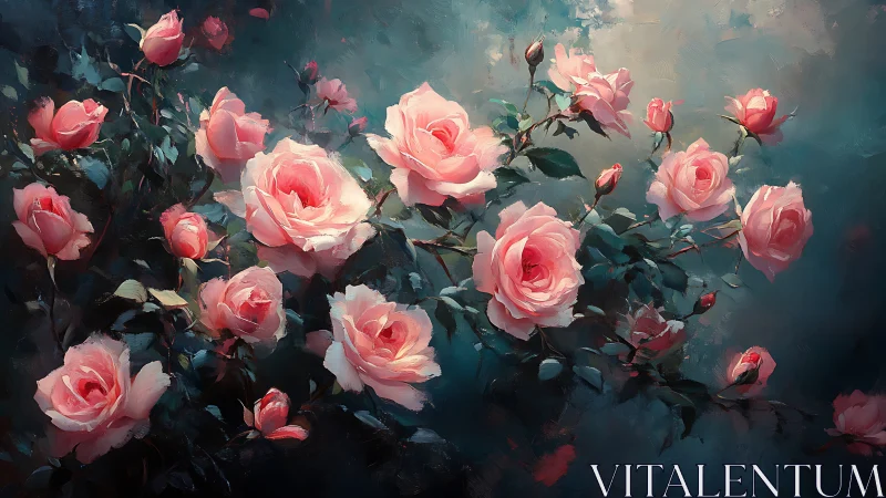 Pink Roses Rendered in Luminous Oil Painting Technique with Atmospheric Depth