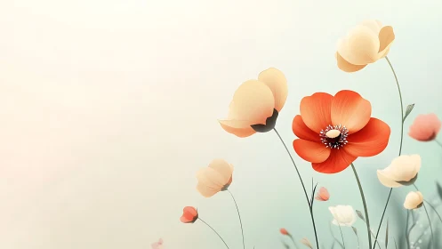 Minimalist gradient field isolates stylized poppy blossoms in bloom