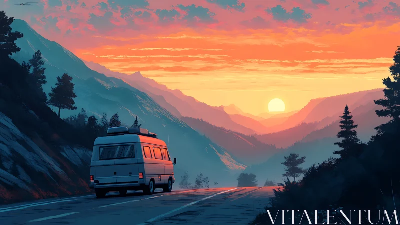 Camper van on mountain road at vivid orange sunset.