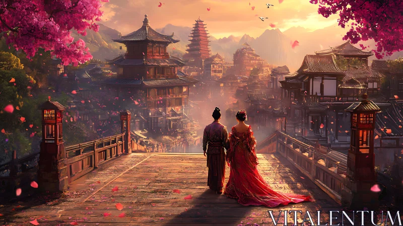 Imperial couple overlooking sunset-lit ancient riverside city.