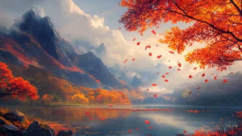 Digital painting of alpine lake amid luminous autumn canopy.