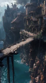 Cragbound harbor dwellings lean over a creaking cliff bridge
