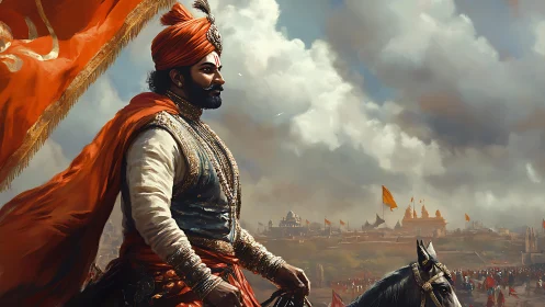 Majestic warrior king surveys saffron banners and stormed skies.
