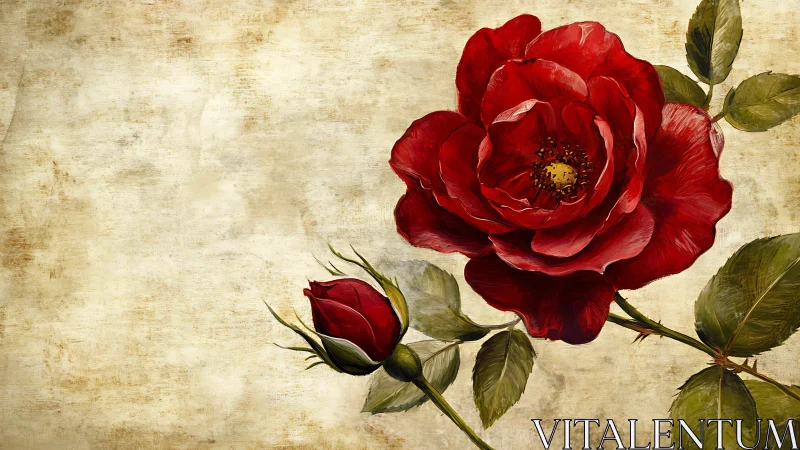 Velvety red rose on vintage paper with quiet romantic charm.