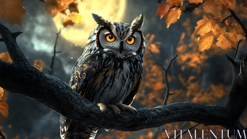 Majestic owl on autumn branch under full moon, digital art scene.