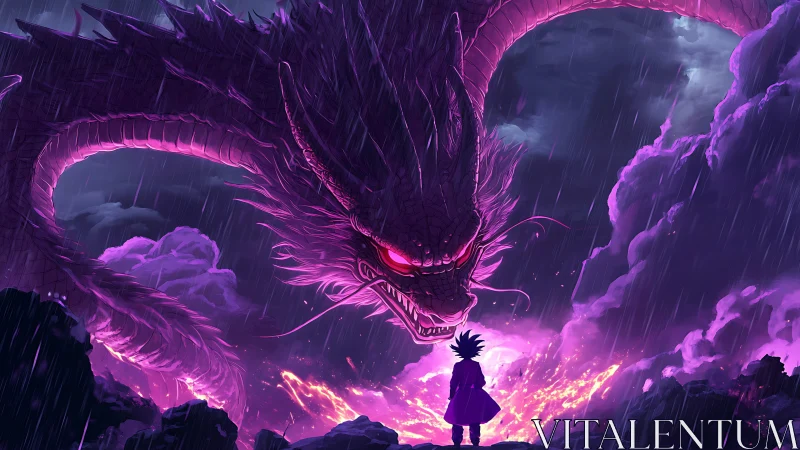 Stormlit dragon looms over lone warrior on burning cliff