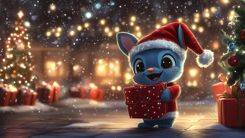 Festive blue bunny sharing holiday cheer with bright gifts.