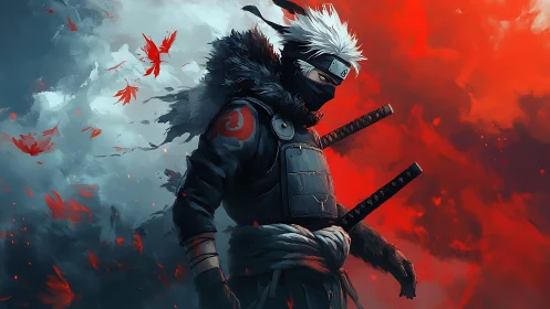 Masked swordsman stands in split red and blue environment