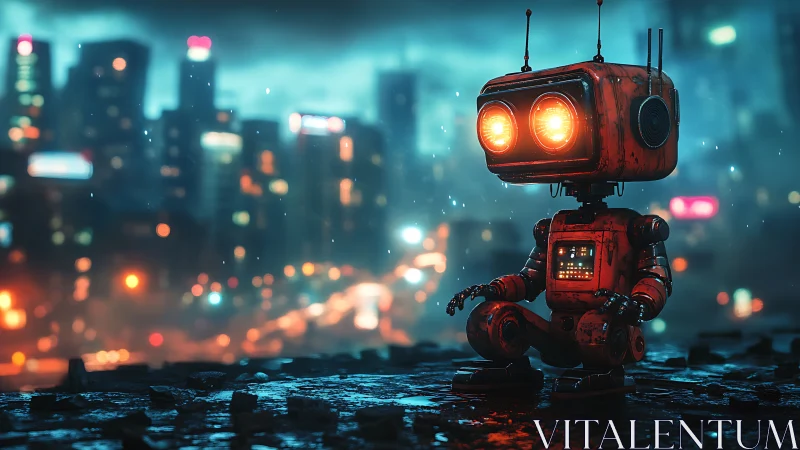 Rusty robot meditates in neon soaked futuristic cityscape.