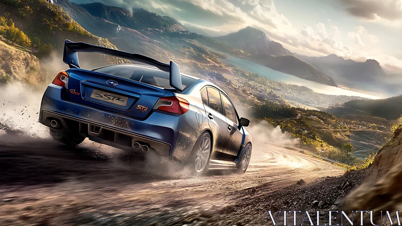 Turbocharged blue rally comet carving dust over sunlit valley.