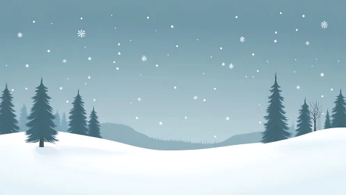 Minimalist winter forest under gentle falling snowflakes.