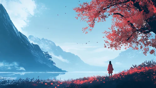 Solitary figure under red tree facing misty blue mountains.