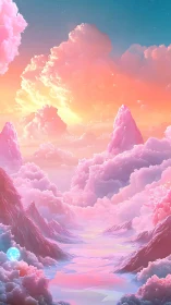 Dreamlike pastel cloud mountains over glowing sky river.