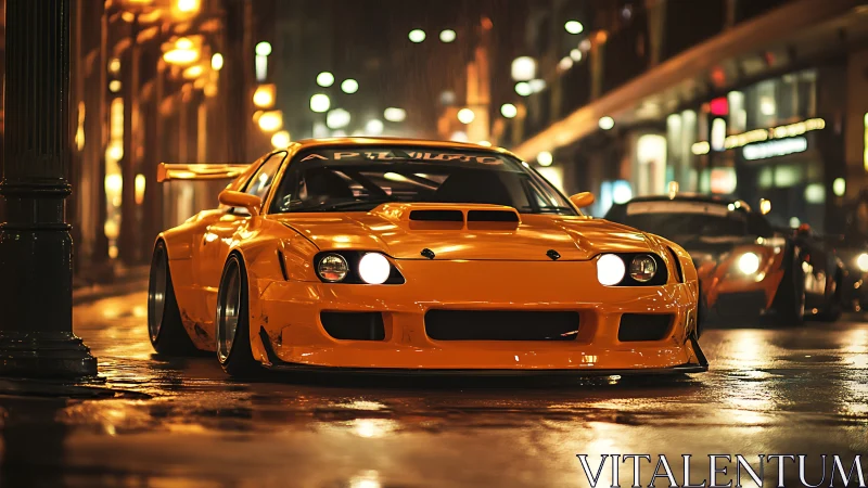 Midnight citrus racer prowls neon-soaked city streets.