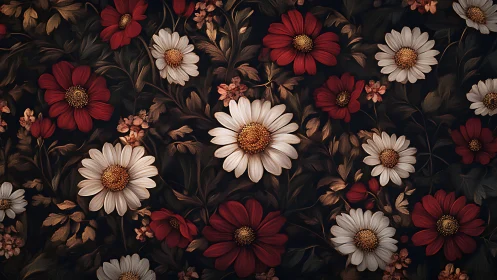 Botanical Arrangement of Daisies and Dahlias on Dark Background.