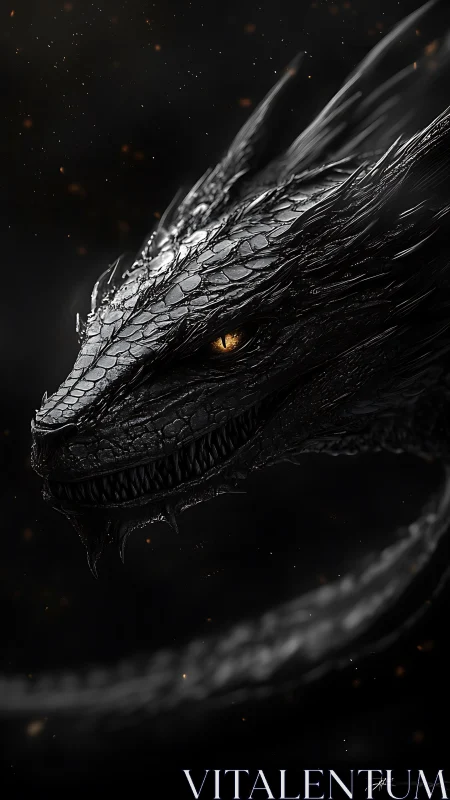 Digital painting portrait of obsidian dragon head in profile.