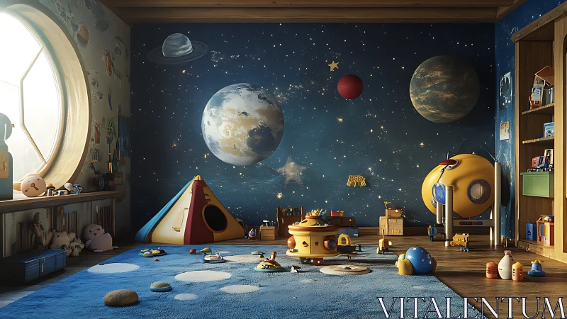 Space-themed children’s playroom with planets and toys.
