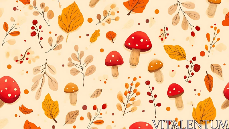 Whimsical autumn mushrooms dancing among falling forest leaves.