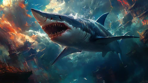 Colossal shark above submerged city in dramatic seascape.