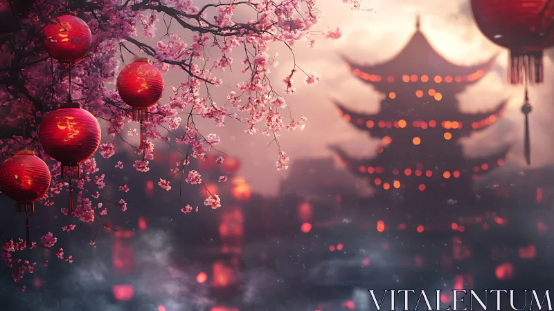 Lantern light and cherry blossoms over a dreamy pagoda.