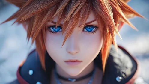Hyper-detailed blue-eyed anime avatar in frontal close-up.