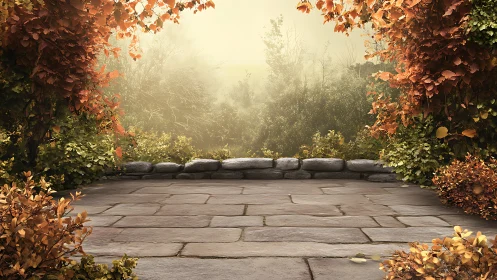 Stone terrace opens onto misty forest with autumn foliage