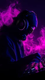 DJ silhouette mixing tracks beside vivid pink smoke effects