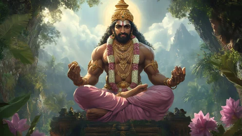 Divine yogic sage levitating in lush misty jungle sanctuary