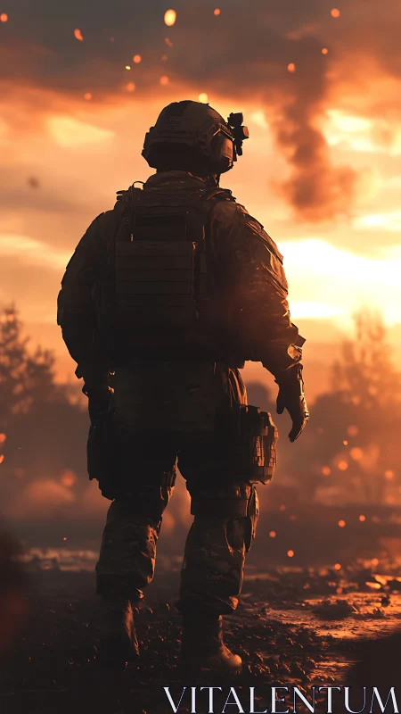 Backlit combat soldier silhouette against high-contrast burning sky