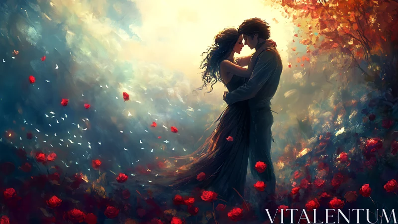 Romantic Embrace Amidst Autumn Rose Garden. Digital Painting.