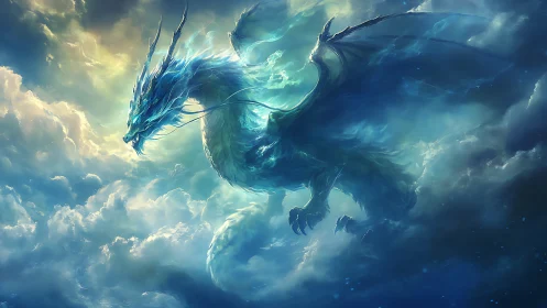 Luminous atmospheric dragon rendered in layered spectral clouds.