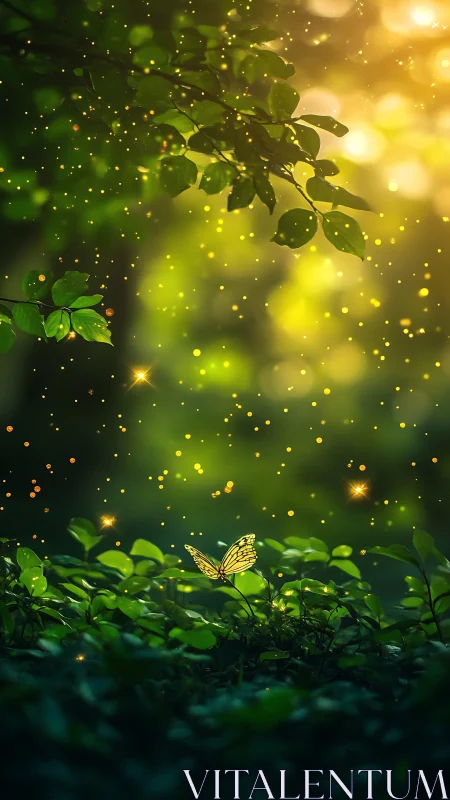 Luminous forest butterfly adrift in emerald firefly stardust.