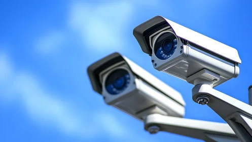 Twin skyward security sentinels under sharp cobalt watch.