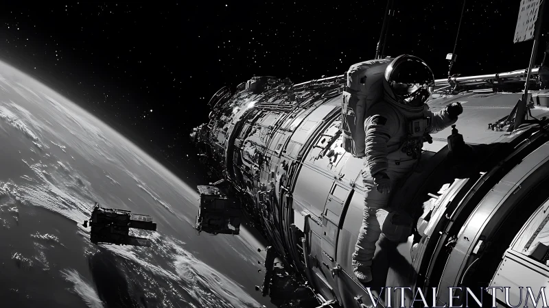 EVA astronaut on modular orbital station above Earth terminator