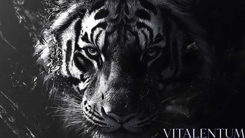 Midnight tiger emerging from shadowed water in fierce silence.