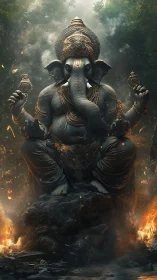 Majestic Ganesha statue sits amid firelit forest haze
