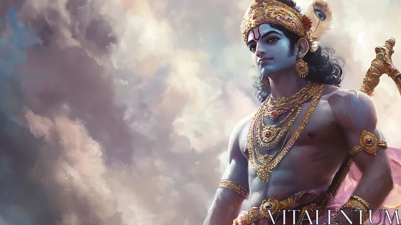 Regal blue-skinned deity stands serene beneath glowing skies.