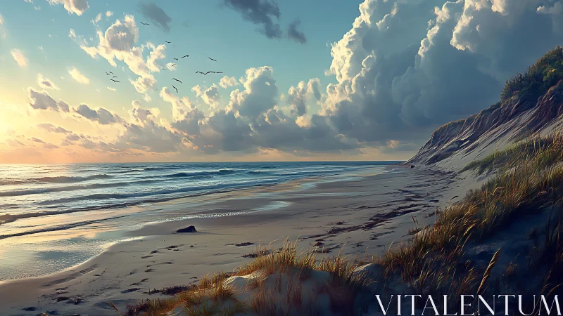 Coastal dunes under glowing sunset clouds by tranquil sea.