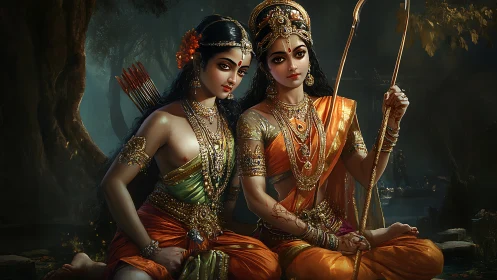 Regal pair of ornate figures seated in forest clearing.