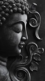 Midnight stone Buddha in swirling carved silence and grace.