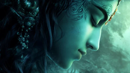 Serene teal goddess profile with flowing hair and tattoos.
